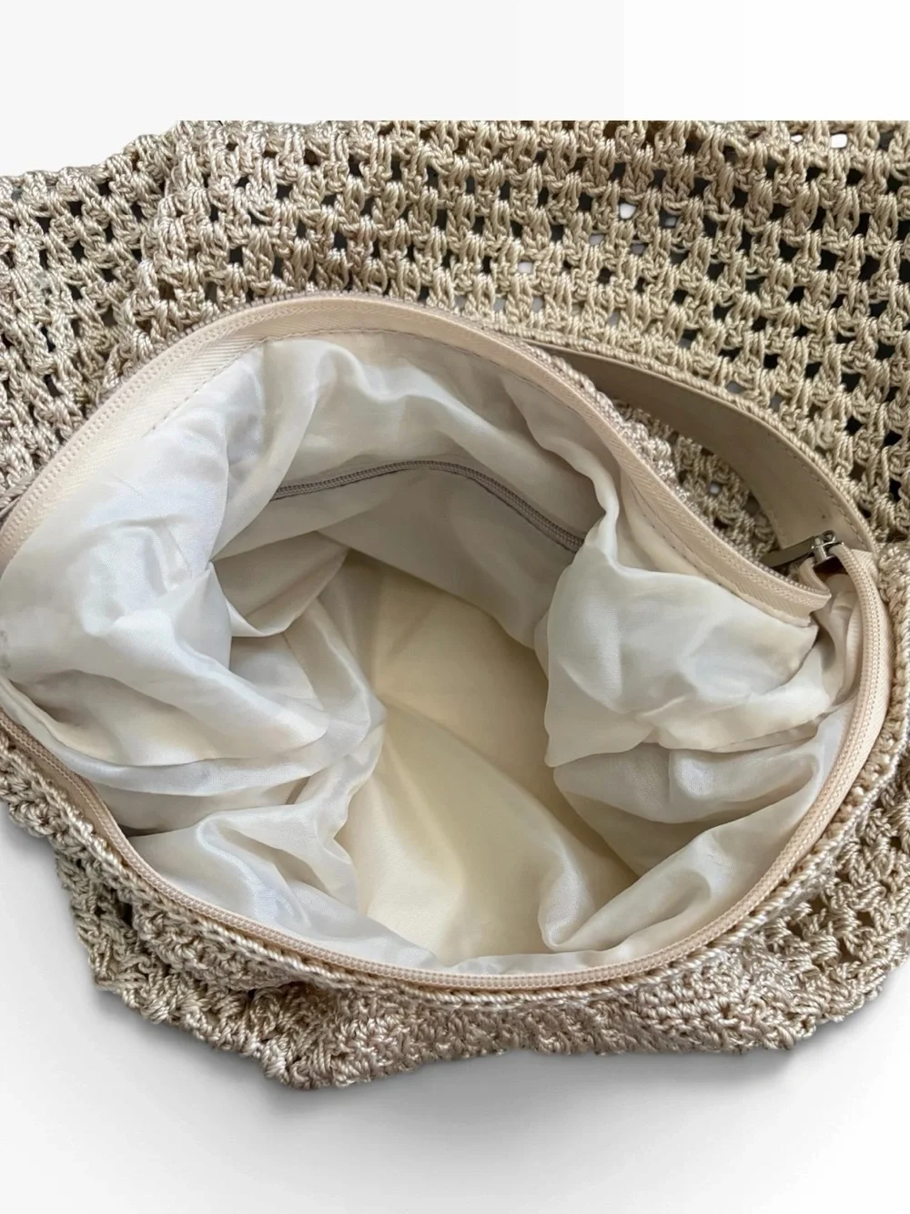 Beige Tan Crochet Knit Woven Hobo Bag Unique Boho Hippie Purse with Front Pocket